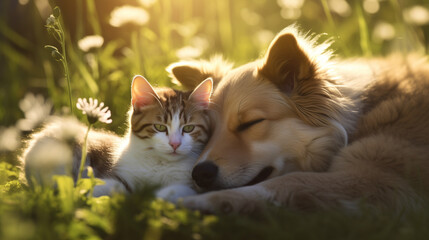 Naklejka na ściany i meble dog and cat on the grass