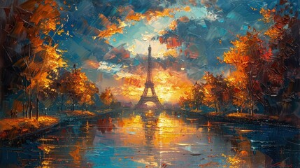 Impressionistic view of the Eiffel Tower surrounded by autumn leaves, Concept of Parisian charm, travel, and seasonal beauty
 - obrazy, fototapety, plakaty