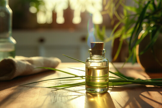 A bottle of aromatherapy essential oil with fresh lemongrass on a table