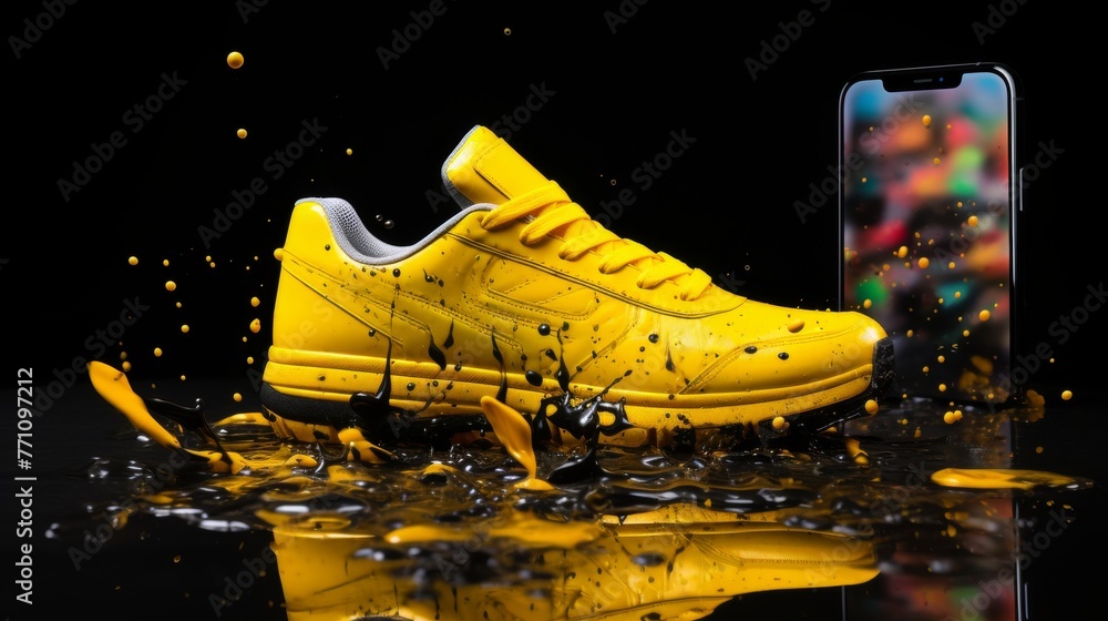 Poster an elegant smartphone located horizontally on a black background with an image on the screen, bright