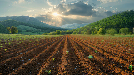 Warm sunset illuminating a plowed farmland with rows of young plants and mountainous background - obrazy, fototapety, plakaty