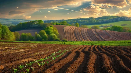 Fotobehang The image captures the peaceful scenery of a rural landscape as the sun sets, with plowed soil ready for sowing © Daniel