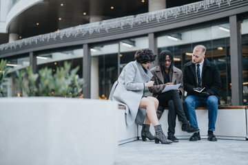 Three business colleagues discussing work-related matters while sitting on a bench outside an office building, portraying teamwork and collaboration. - obrazy, fototapety, plakaty