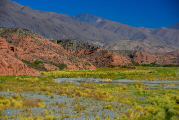 Colorful Andean landscape on the way to the Abra del Acay mountain pass, near the village of La...