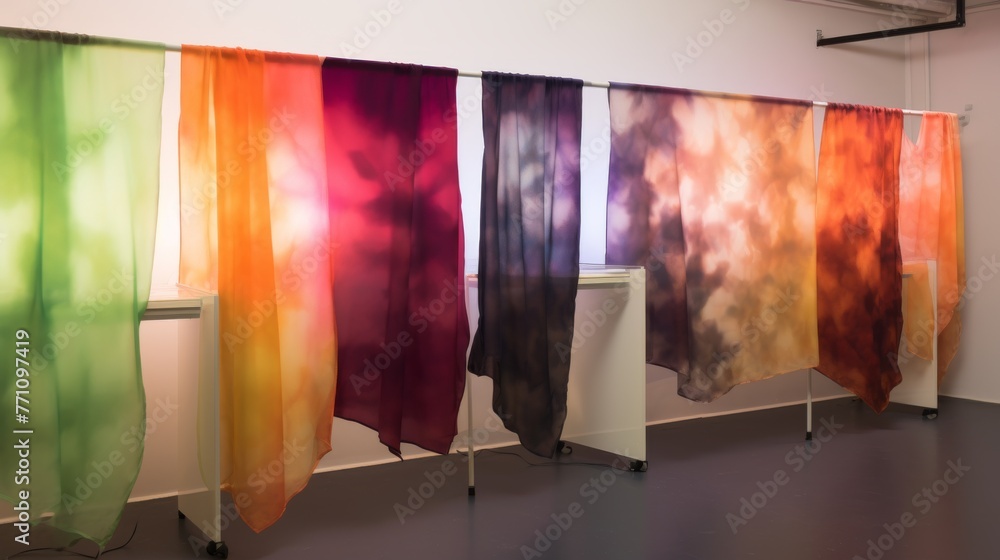 Poster display of textiles created using heat-sensitive and photochromic materials that change colors and p