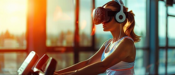  Virtual Fitness person wearing a VR headset while exercising on a stationary bike treadmill, immersed in a virtual fitness environment with scenic routes and interactive workout programs,copy space