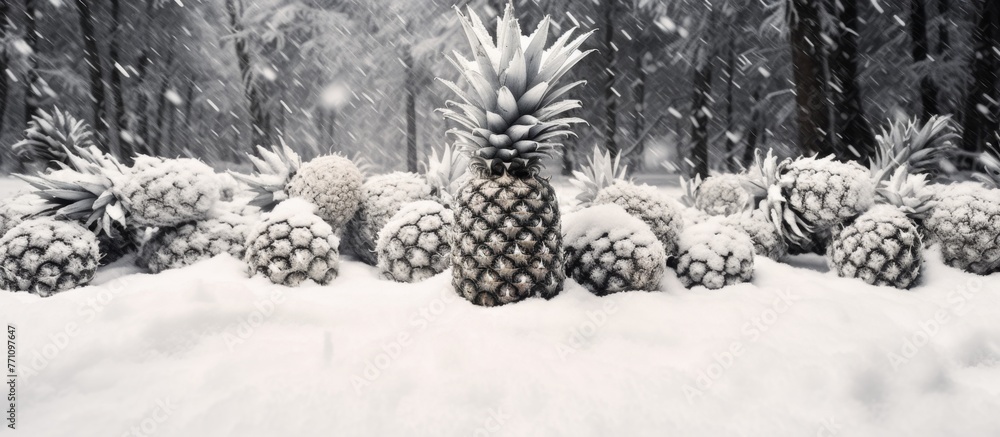 Canvas Prints A charming scene of evergreen pines covered in a blanket of snow, captured in a serene black and white photo, showcasing the beauty of nature