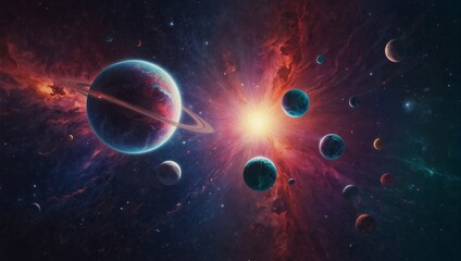 Obraz na płótnie Canvas Cosmic Wonder: A Captivating Display of Colorful Planets and Vibrant Stars in a Distant Galaxy