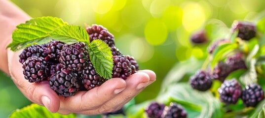 Hand holding ripe blackberries, selection on blurred background with copy space for text placement