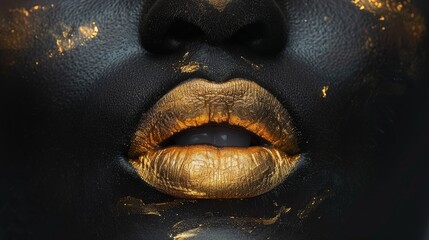 Close-up of golden lips on a black textured background, Concept of luxury, bold beauty, and abstract art