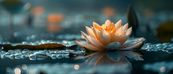 Early morning light catches the dewdrops on a water lily, highlighting nature's delicate balance and beauty at dawn