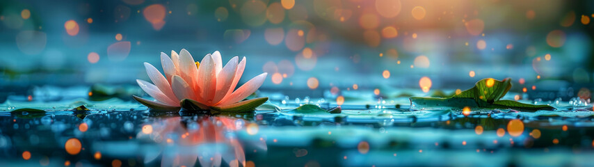 A panoramic shot capturing a water lily on glimmering water reflecting warm light - obrazy, fototapety, plakaty