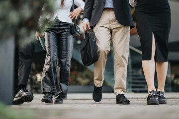 Diverse professionals in smart attire engage in a conversation about business growth while walking outside the office. - obrazy, fototapety, plakaty