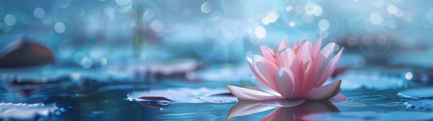 Image of a pink lotus illuminated by a gentle glow, on the serene backdrop of a calm water surface