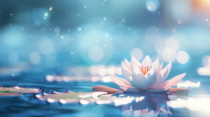 An enchanting lotus flower elegantly floats on water, amidst a fantasy-like setting with glittering light particles