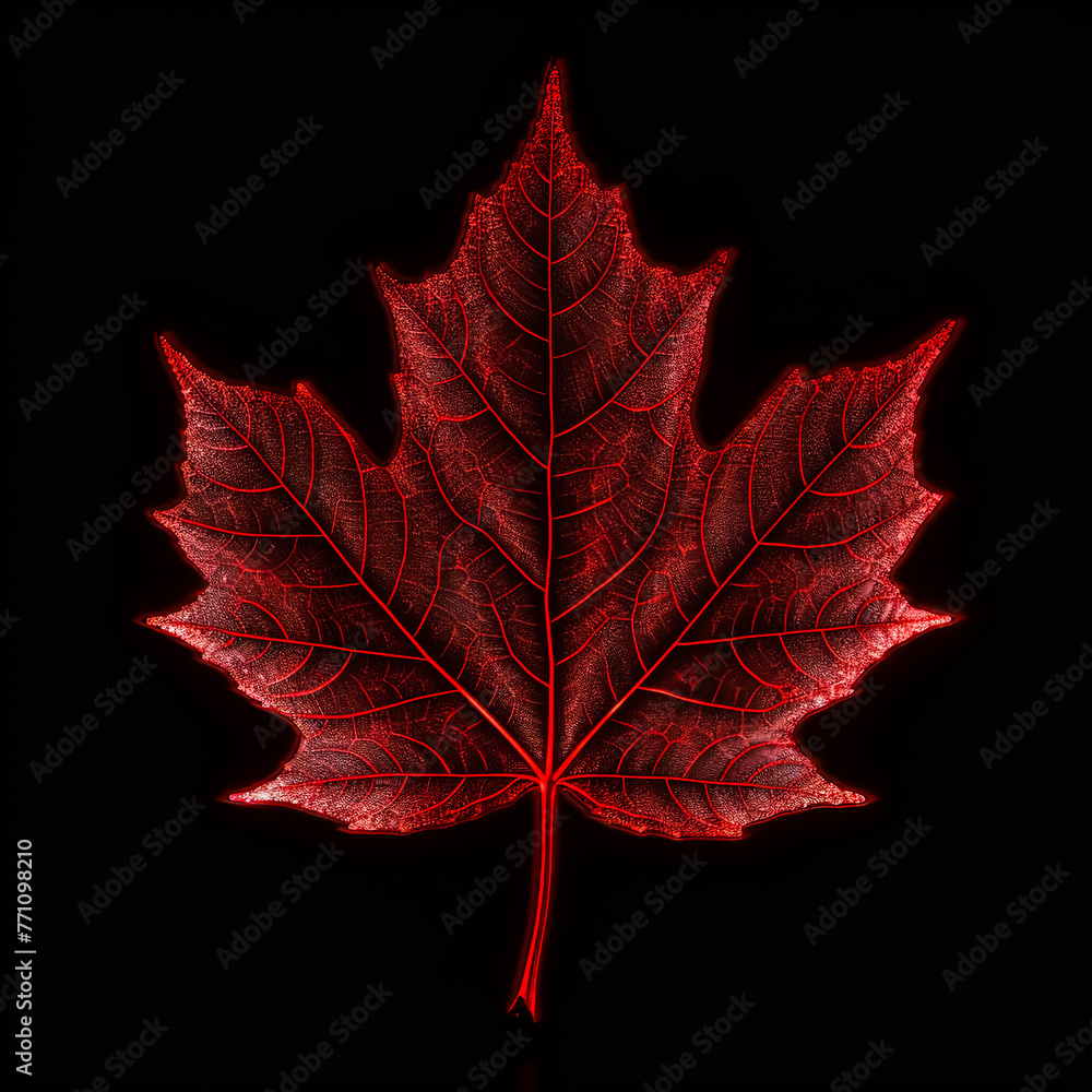 Poster a leaf with a red hue is displayed on a black background. the leaf is illuminated and he is glowing.