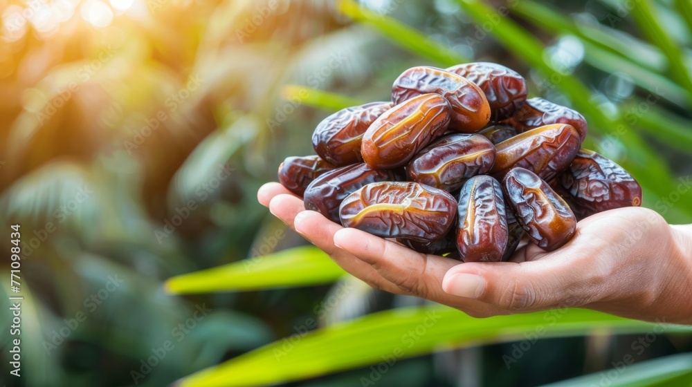 Poster elegant hand holding sweet dates with blurred date selection background, ideal for text placement