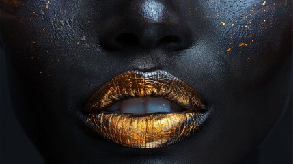 Close-up of golden lips on a black textured background, Concept of luxury, bold beauty, and abstract art
