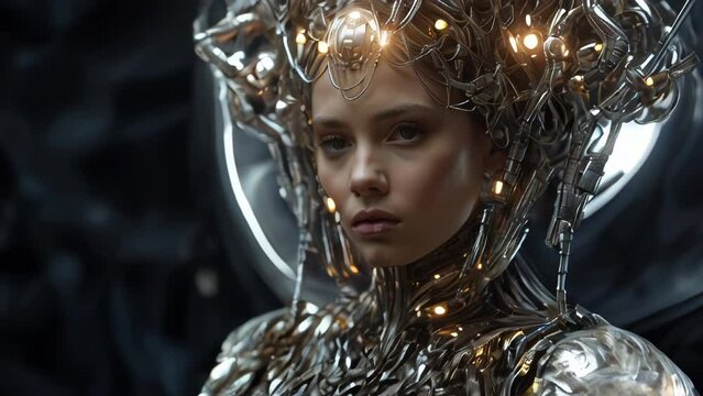 Female cyborg with glowing golden head gear