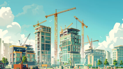 A vibrant animated image of a bustling construction site with several cranes amidst the modern city buildings