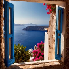 Hillside view of mediterranean tourist destination, Santorini summer vacation - obrazy, fototapety, plakaty