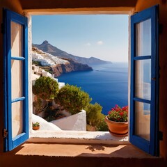 Hillside view of mediterranean tourist destination, Santorini summer vacation - obrazy, fototapety, plakaty