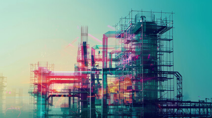 A digitally manipulated image blending a construction site with futuristic neon effects to create a surreal urban scene