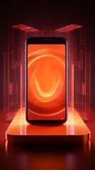Smartphone showing a projection or hologram on a orange background, no text, no inscriptions, no advertisements, no people --ar 9:16 --quality 0.5 --v 5.2 Job ID: d11fbf27-8b5c-42f4-9a06-393469f5c817