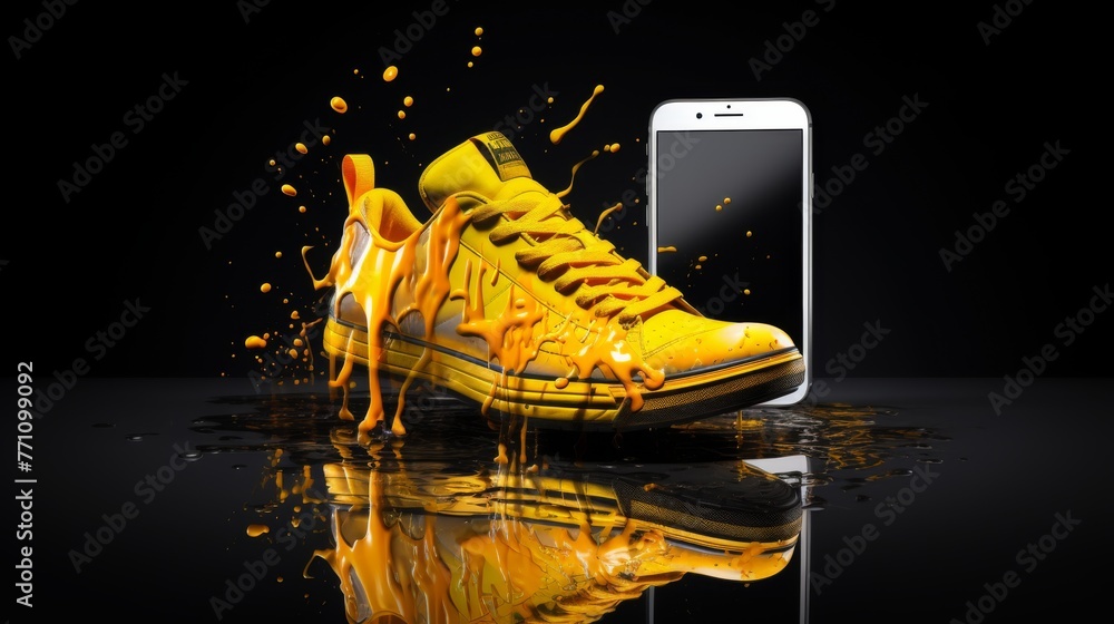 Aufkleber an elegant smartphone located horizontally on a black background with an image on the screen, bright