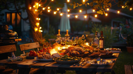 An array of delicious BBQ dishes laid out on a rustic table, complete with fairy lights and a cozy backdrop