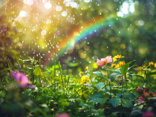 A magical garden glistens with dew, showcasing a vibrant rainbow amidst blooming flowers