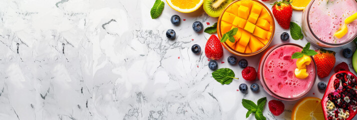 Assorted fruit smoothies in various colors on a marble surface, health and tropical concept