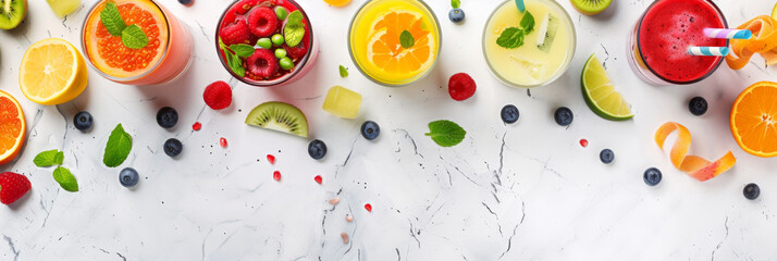 Array of refreshing summer drinks, with fruit garnishes and vibrant colors on a white marble backdrop, exuding a party atmosphere
