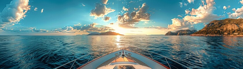 A wide-angle shot capturing the front of a yacht during the summertime, epitomizing luxury and leisure, close-up - obrazy, fototapety, plakaty