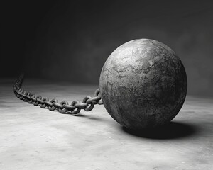 Ball and Chain on Plain Background, Heavy Weight, Confinement, Monochrome Tone,