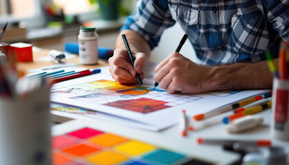 Brand Identity Development: Capture brand designers crafting logos, color palettes, and brand guidelines, reflecting consistency and brand recognition