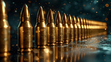 Comparison of Military Power, Shiny Gold Bullets Lined Up in Ascending Order, Symbolic Display of Progression and Strength, Dark Navy Background, 3D render