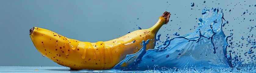 Energetic Yellow Banana Splashing into Blue Paint, Dynamic and Playful Food Art