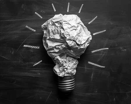 Crumpled paper shaped as a light bulb on a blackboard background, serving as a metaphor for bright ideas and creativity, high-resolution