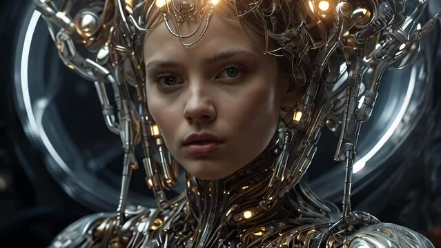 Female cyborg with glowing gold crown of cables