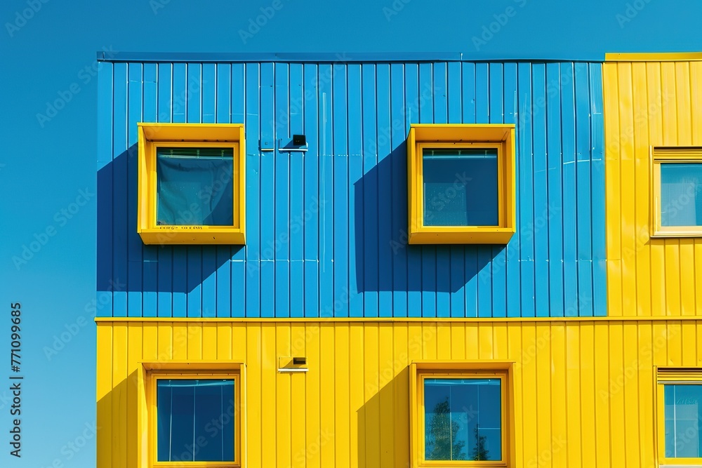 Poster a building with different colored walls and windows