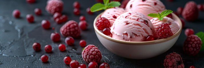 Creamy raspberry ice cream in a simple bowl, accompanied by fresh mint and berries on a dark surface