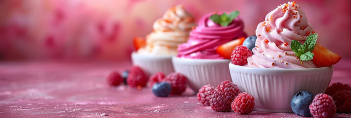 Elegant swirls of pink frozen yogurt in white cups, decorated with berries and sugar on top