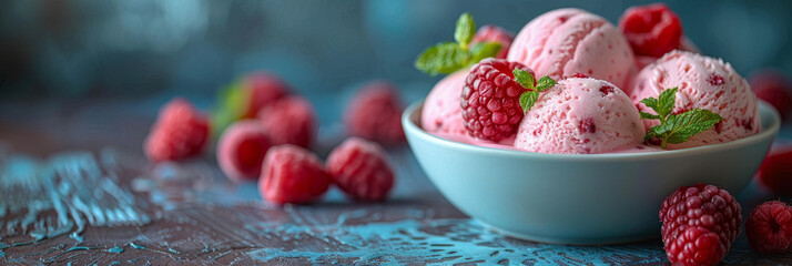 Velvety raspberry ice cream served in a pastel ceramic bowl with raspberries scattered around