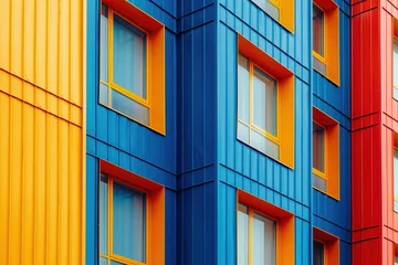 Poster a brightly colored building with blue and yellow windows © Graphsquad