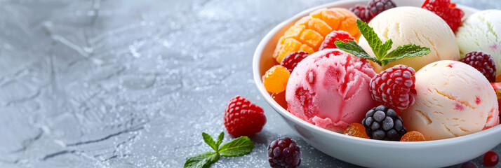 Delightful variety of ice cream flavors garnished with fresh fruits and mint in a ceramic bowl on textured surface