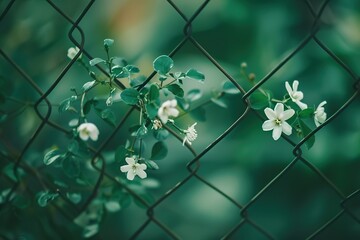 a close up photo of a flora surrounded by a mesh fence, A green leafy plant is growing through a chain link fence - Powered by Adobe