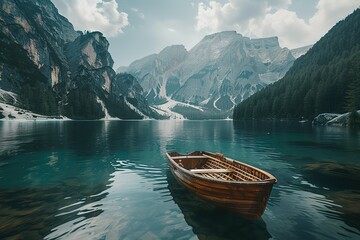 Obraz premium a small boat in the alpine waters next to mountains