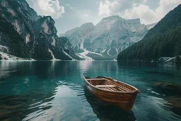 Foto op Canvas a small boat in the alpine waters next to mountains © Graph Squad