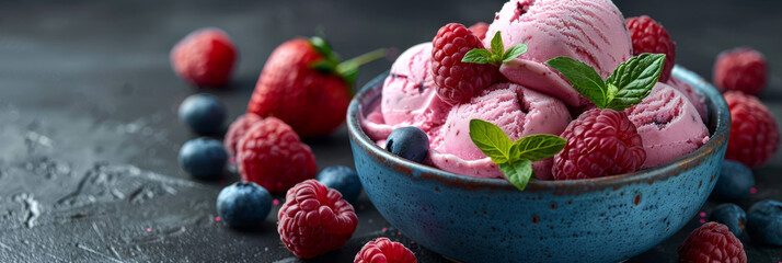 Delicious and artisanal raspberry ice cream with blueberries and mint garnish in a stylish ceramic bowl on a dark surface Trendy dessert presentation - obrazy, fototapety, plakaty